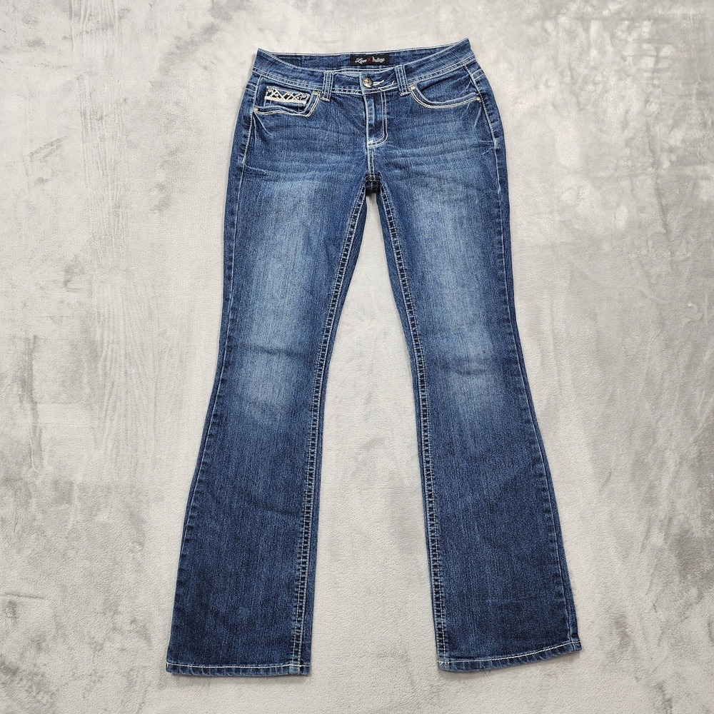 Love Indigo Jeans Womens 6 Blue Mid Rise Bootcut Embroidered Studded Pockets